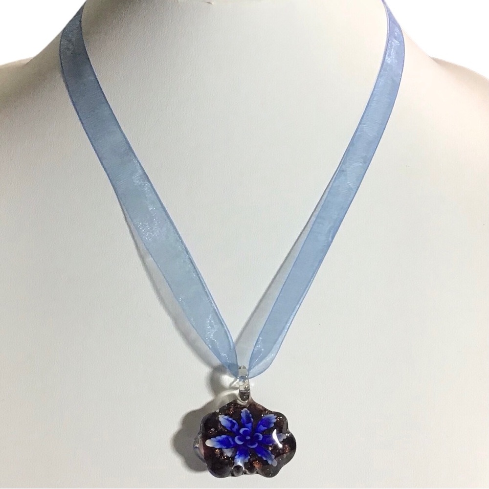 Glass Flower Necklace Organza Tie Ribbon Blue Adjustable